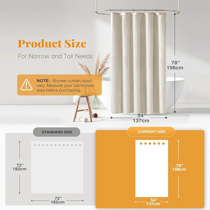BTTN Stall Fabric Shower Curtain, 54x78 Inch Long Linen Textured Heavy Duty Thick Shower Curtain Set with 10 Plastic Hook, Hotel Spa Weighted Waterproof Neutral Bath Curtains for Bathroom, Light Cream