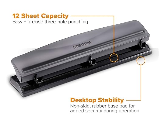 Bostitch Office Premium 3 Hole Punch, 12 Sheet Capacity, Metal, Rubber Base, Easy-Clean Tray, Silver, Gray