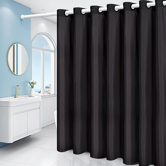 Furlinic Black Stall No Hook Shower Curtain,Heavy Duty Fabric Bathroom Curtain with 6 Plastic Built-in Hooks,Washable & Waterproof,Small Narrow,48x72 Inch