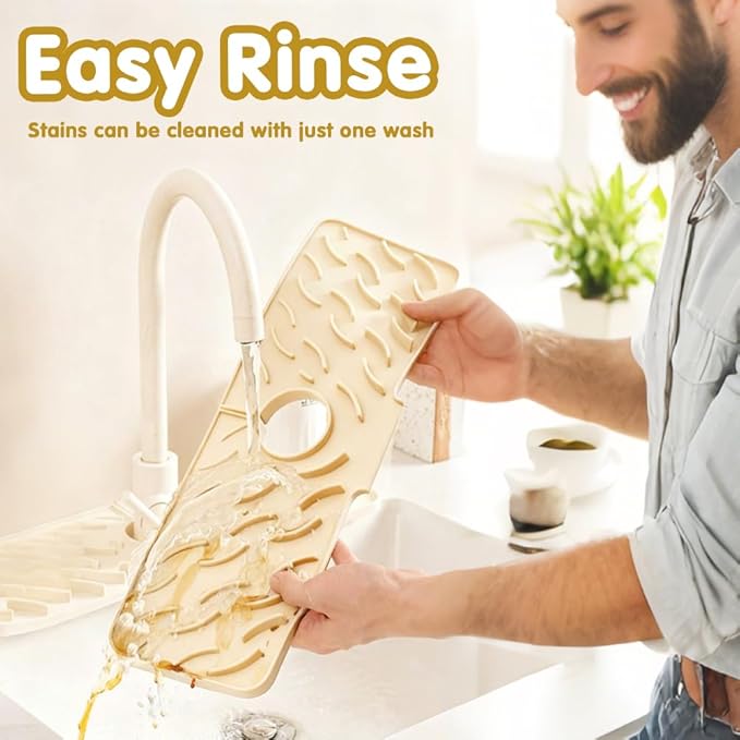 24" x 5.9" Silicone Faucet Mat for Kitchen Sink – Quick‑Drying Stone Splash Guard & Drip Tray, 0.67" Thick, Beige