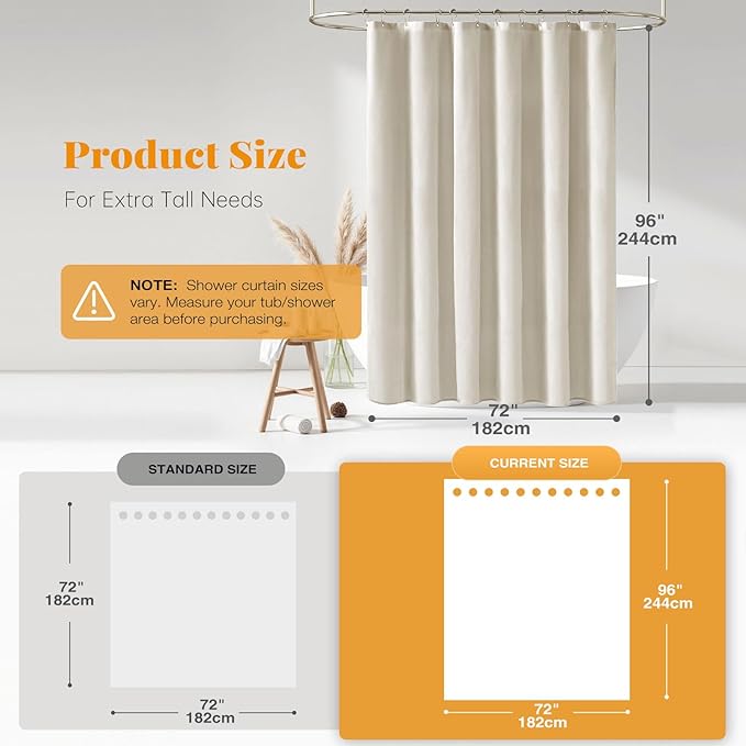 BTTN 96 Inch Extra Long Shower Curtain - Linen Textured Heavy Duty Tall Fabric Shower Curtain Set with 12 Plastic Hook, Large Simple Neutral Cloth Shower Curtains for Bathroom, 72x96 Inch, Light Cream