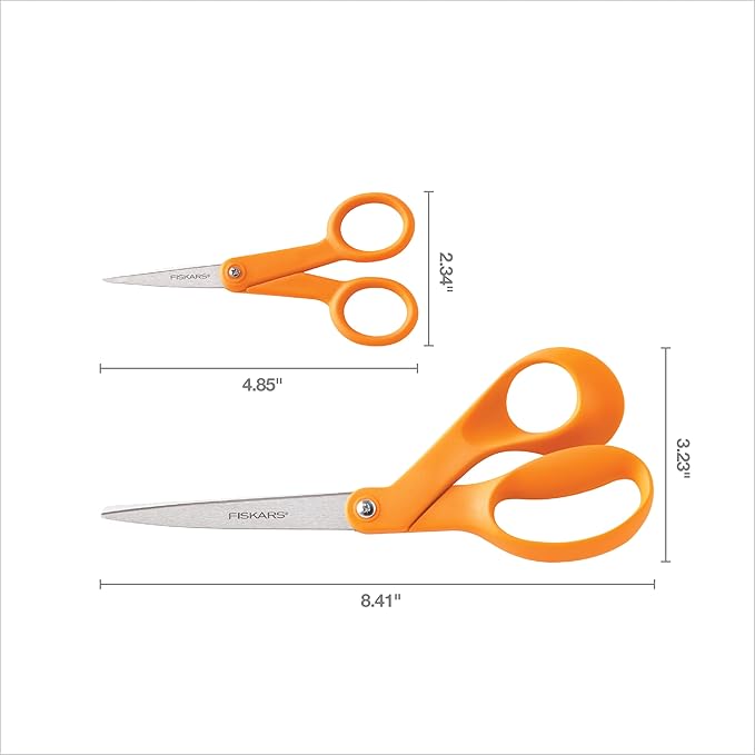 Fiskars Original Orange Handled Scissors 2-Piece Set, 5" Micro Tip and 8" Stainless Steel Scissors, Paper and Fabric Supplies for Office and Arts and Crafts Set, Orange