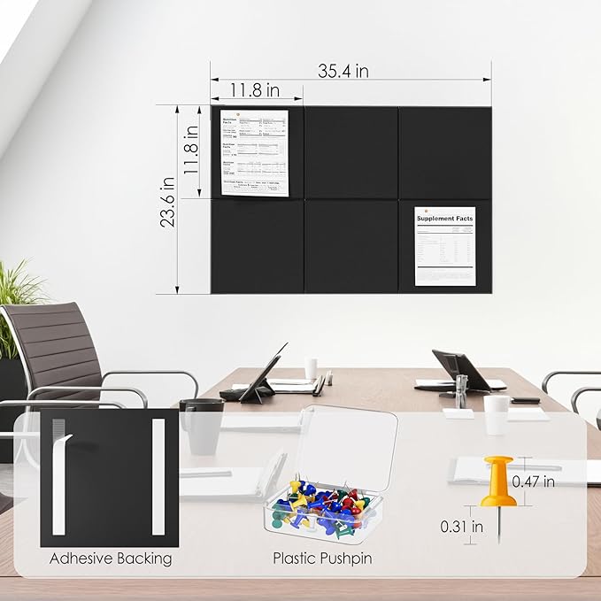 MaxGear Large Felt Bulletin Board 36" x 24", Cork Board Alternative, 6 Pack Black Felt Wall Tiles with Push Pins, Cork Boards for Walls Pin Board for Office & HomePanels