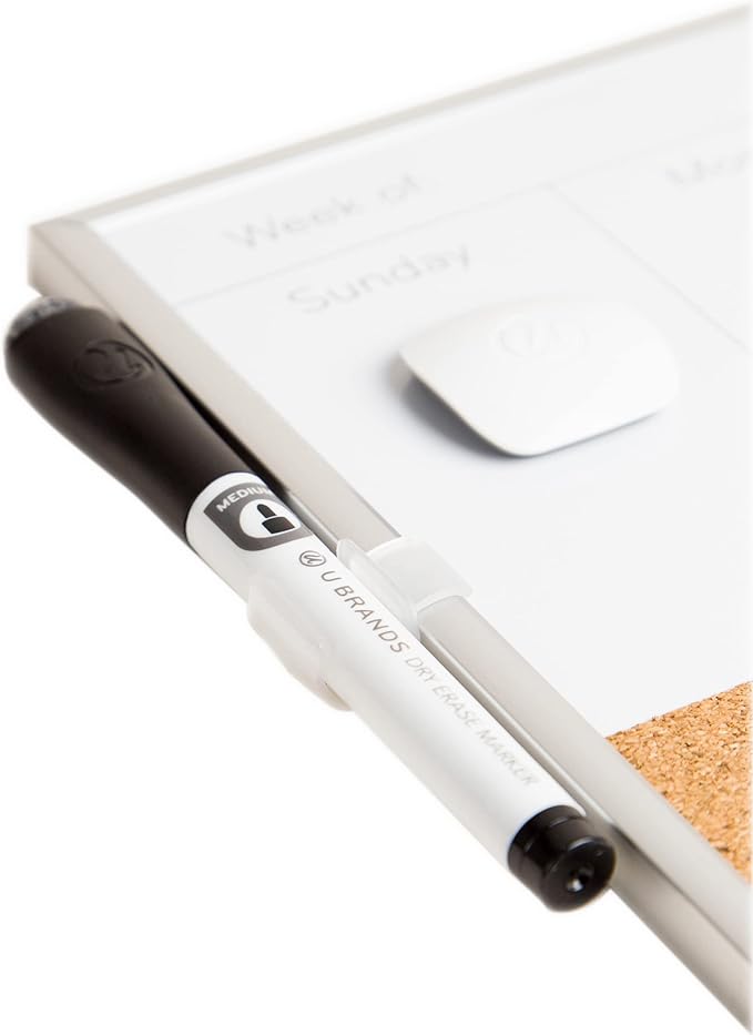 U Brands Magnetic Dry Erase Weekly Calendar White Board With Cork Strip, 18" x 7.5", Silver Aluminum Frame, Includes Magnet, Marker