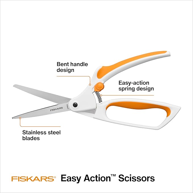 Fiskars Easy Action Scissors, No. 8, Spring-Assisted & SoftGrip Bent Handle Reduces Hand Fatigue, Precision Stainless Steel Blades for Clean Tabletop Cutting, Ambidextrous Design, Stainless Steel