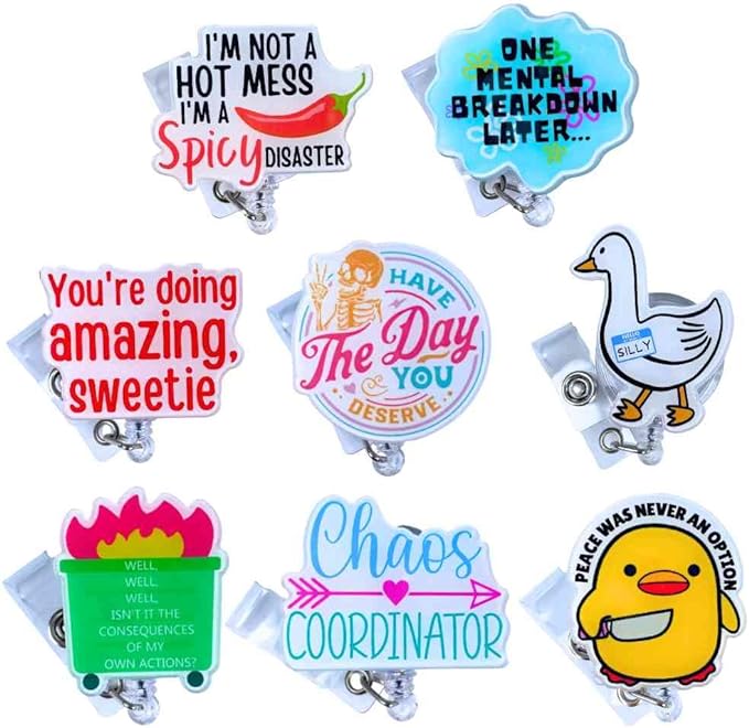 8 PC Cute Funny Badge Reel ID Card Name Tag Retractable Clip Reels Dumpster Fire This is Fine Meme Sassy for Nurse Nurses Teacher Student Medical RN Work Office Bulk Lanyard Accessories Gifts