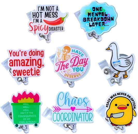 8 PC Cute Funny Badge Reel ID Card Name Tag Retractable Clip Reels Dumpster Fire This is Fine Meme Sassy for Nurse Nurses Teacher Student Medical RN Work Office Bulk Lanyard Accessories Gifts