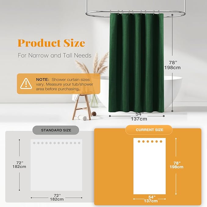 BTTN Stall Fabric Shower Curtain, 54x78 Inch Long Linen Textured Heavy Duty Thick Shower Curtain Set with 10 Plastic Hooks, Hotel Weighted Waterproof Neutral Bath Curtains for Bathroom, Emerald Green