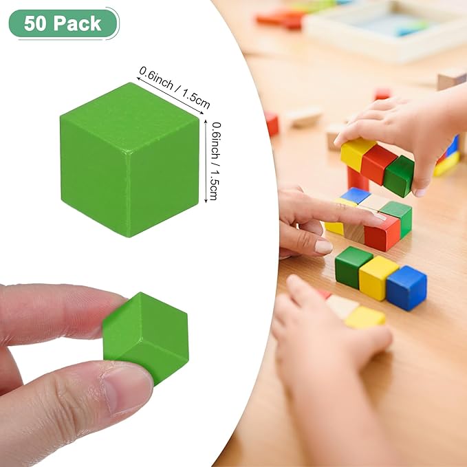 50-Pack DIY Wooden Cube, 0.6 Inch(1.5 Cm) Colored Natural Wood Blocks for Crafts Making Puzzle Games/Wedding/Home Decor/Dice/Building, Square Blank Block [Green]