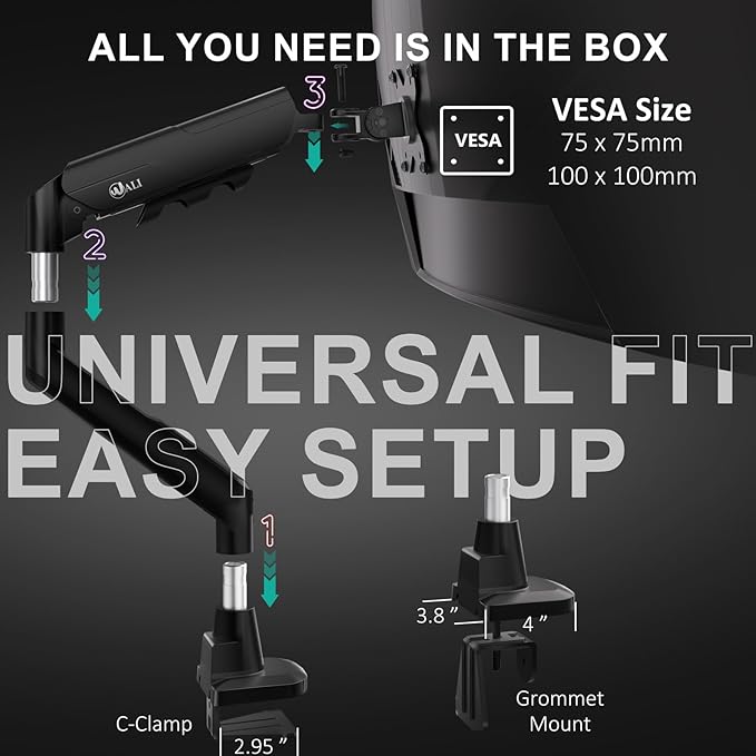 WALI Heavy Duty Single Monitor Arm for 17-49 Inch Flat Curved Ultrawide Screens, up to 33 Lbs, Adjustable Gas Spring Single Monitor Desk Mount for Home Office Gaming, VESA 75/100mm (GSM001XLN), Black