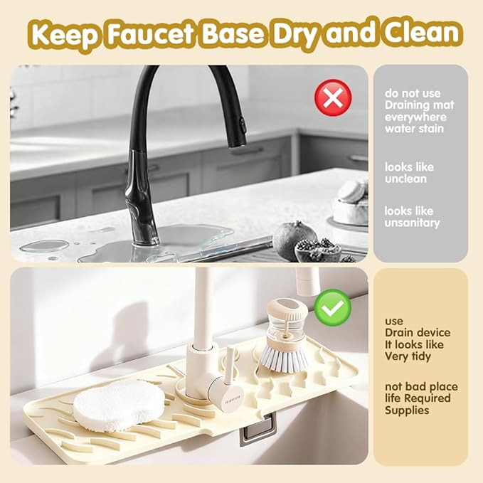 24" x 5.9" Silicone Faucet Mat for Kitchen Sink – Quick‑Drying Stone Splash Guard & Drip Tray, 0.67" Thick, Beige