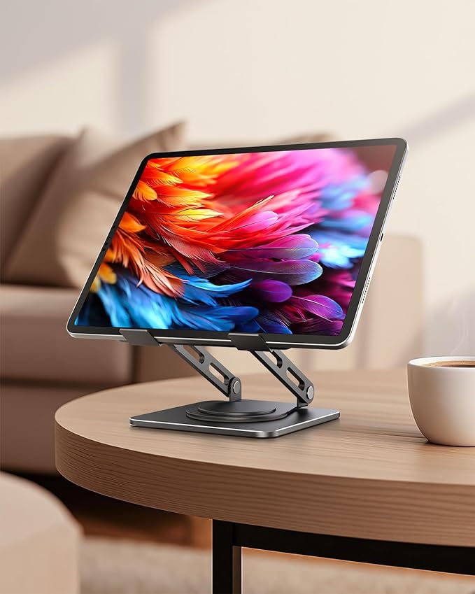 Adjustable Tablet Stand, 360 Rotating iPad Stand with Heavy-Duty Base, Tablet Holder Compatible with 4.0-16.9" Device, 2025 iPad Pro Air Mini, Kindle, Surface Tablet, Portable Monitors - Black