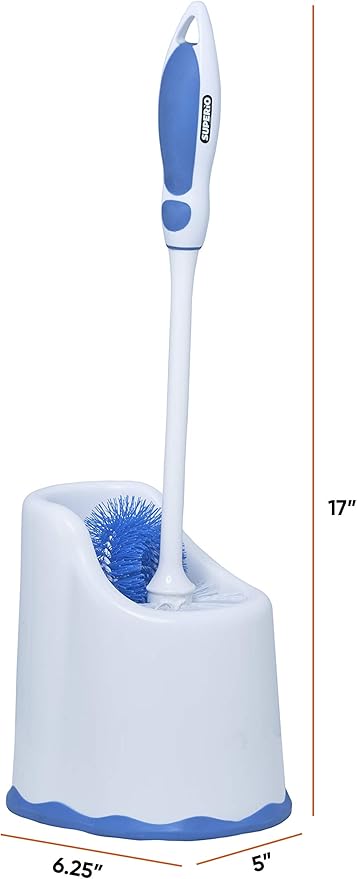 Superio Toilet Brush and Holder,Toilet Bowl Cleaning System with Scrubbing Wand, Under Rim Lip Brush and Storage Caddy for Bathroom, White and Blue