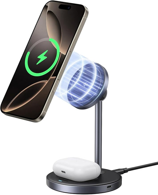 UGREEN Qi2 Certified 15W 2-in-1 Magnetic Wireless Charging Stand, Fast Charging Station for iPhone 17 16 15 14 13 12 Series and AirPods, MagSafe-Compatible Wireless Charger with 3 FT USB-C Cable