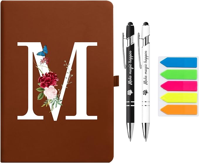 Premium Hardcover Executive Notebook and Pen Set - A5 Journal Notebook 192 Line Pages, 2 Smooth-Writing Ballpoint Pens, Arrow Sticky Notes - For Office & School Supplies Letter M Floral Design Brown