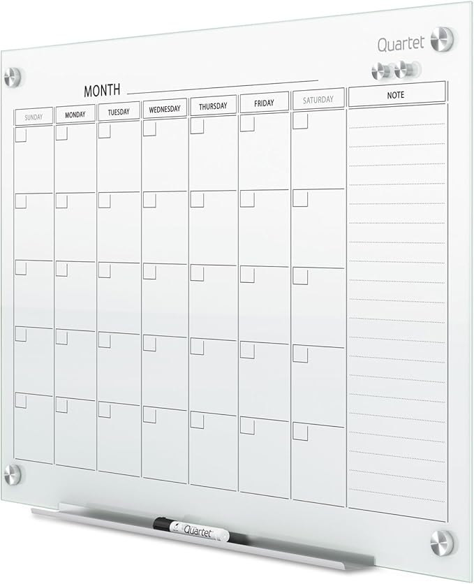 Quartet Magnetic Whiteboard Calendar, 36"' x 24", Glass Dry Erase White Board Planner for Homeschool Supplies & Home Office Organization, 2 Magnets, 1 Dry Erase Marker, Frameless Infinity (GC3624F)