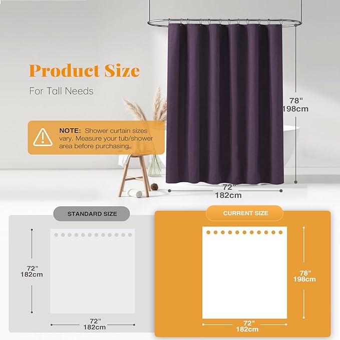 BTTN 78 Inch Long Shower Curtain, Linen Textured Thick Weighted Fabric Shower Curtain Set with 12 Hooks, Tall Hotel Neutral Heavy Duty Waterproof Polyester Shower Curtains for Bathroom, 72x78, Purple