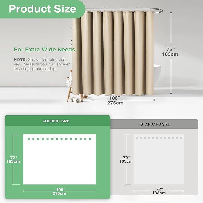 Dynamene Extra Wide Shower Curtain-108 Inch Wide Waffle Weave Weighted Thick Cloth Bathroom Shower Curtain, Neutral Heavy Duty Hotel Bath Curtain Set with 18 Plastic Hooks,108x72, Beige/Khaki