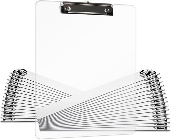 Plastic Clipboards Set of 30, A4 Acrylic Clear Board 8.5x11 for Classroom, Students, Transparent Letter Size 9" x 12.5" with Low Profile Clip, Office & School Supply
