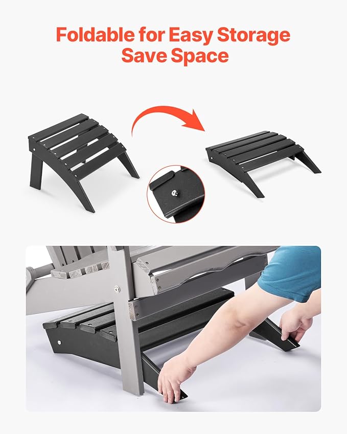VEVOR Adirondack Ottoman, 18.7L x 19.7W x 13H Inch HDPE Plastic Folding Adirondack Ottoman, Weather-Resistant Foot Rest for Adirondack Chair, Widely Used for Outside Porch Pool Lawn Backyard, Black