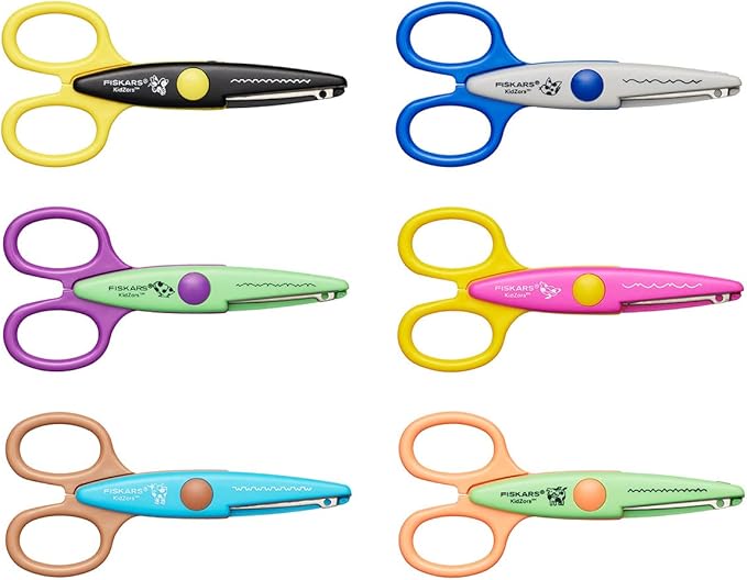 Fiskars Children's Decor Scissors, 6 Pieces, Incl. Storage Bag, Length: 13 cm, for Right- and Left-Handed Users, from 4 Years, Stainless Steel Blade/Plastic Handles, Multi-Coloured, Kidzors, 1003730