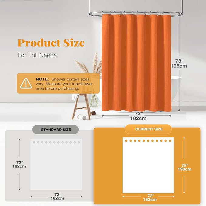 BTTN 78 Inch Long Shower Curtain - Linen Textured Weighted Fabric Shower Curtain Set with 12 Hooks, Tall Hotel Neutral Heavy Duty Waterproof Polyester Shower Curtains for Bathroom - 72x78 - Orange