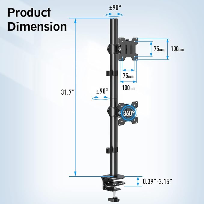 MOUNTUP Dual Monitor Stand, Vertical Monitor Mount for 2 Max 32 inch Stack Screen Monitors, Height Adjustable, Swivel, Tilt Monitor Desk Mount with C Clamp Grommet Base, MU3004