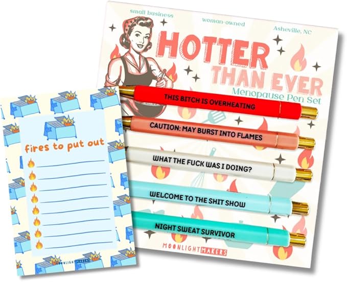 Moonlight Makers Funny Pens and Notepad Stationery Set - Set of 5 Hotter Than Ever Engraved Ballpoint Pens with Black Ink, Fires To Put Out Notepad, Cute Desk Supplies & Funny Work Gifts for Women