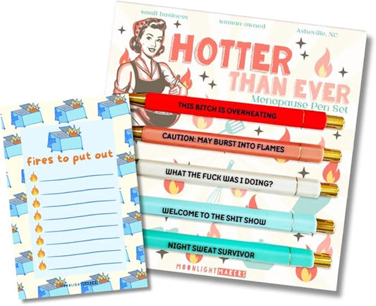 Moonlight Makers Funny Pens and Notepad Stationery Set - Set of 5 Hotter Than Ever Engraved Ballpoint Pens with Black Ink, Fires To Put Out Notepad, Cute Desk Supplies & Funny Work Gifts for Women