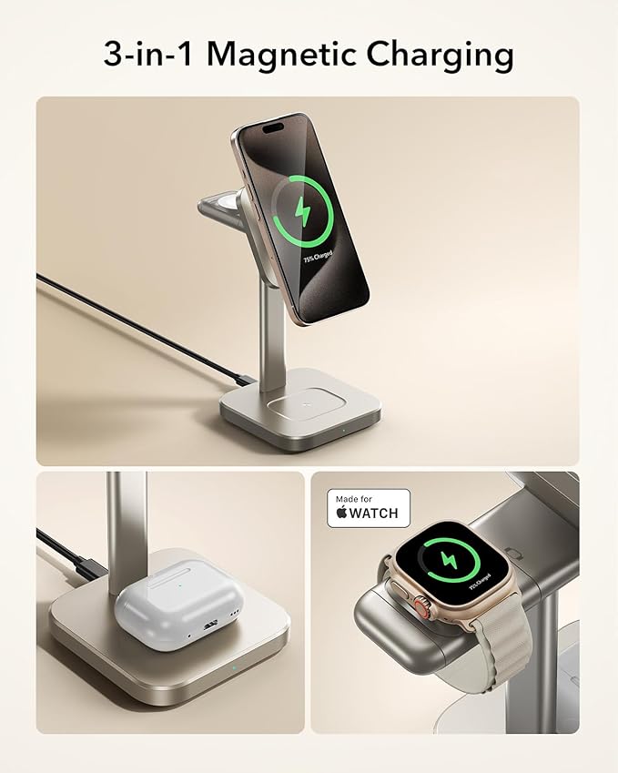 ESR for 3 in 1 Wireless Charging Station, Certified Apple Watch Charger, 15W MagSafe Charger Stand, Wireless Charger for Multiple Devices iPhone 17/16/15/14/13, Watch, AirPods, Natural Titanium