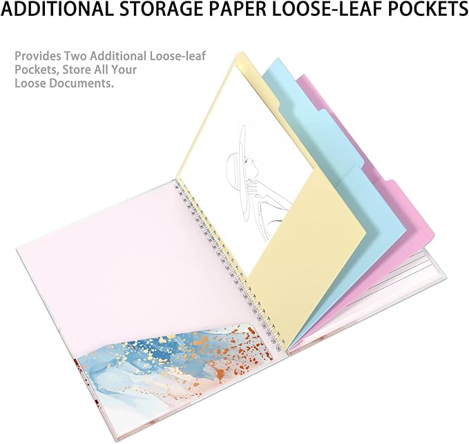Rimilak Spiral Clipboard Folio with Refillable Lined Notepad, 14.5 x 9.8 In, Hardcover Cover with 5 Interior Pockets, Elastic Band and Pen Loop Series. Cute Stylish Clipfolio, Abstract Marble