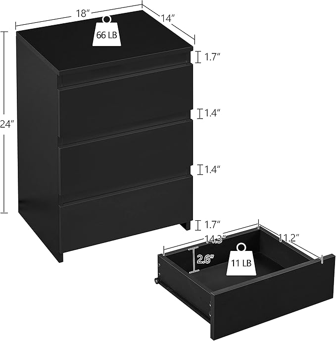 Yaheetech Nightstand with Drawer, 3 Drawers Bedside Table with Sturdy Base, Wood Bedside Cupboard Accent Table with Storage Space for Bedroom, Easy Assembly, Black
