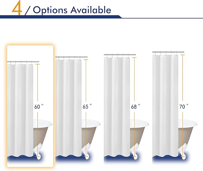 N&Y HOME Short Fabric Shower Curtain Liner 60 inches Long, Hotel Quality, Machine Washable, White Shorter Bathroom Curtains with Grommets, 72x60