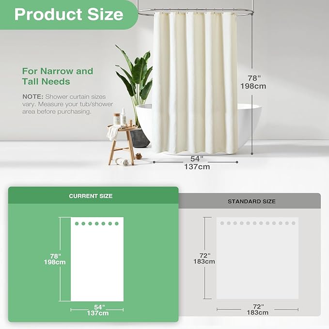 Dynamene Stall Fabric Shower Curtain， 54x78 inch Long Waffle Weave Weighted Thick Cloth Shower Curtains for Bathroom,Neutral Heavy Duty Hotel Spa Luxury Bath Curtain Set with 10 Plastic Hooks,Ivory