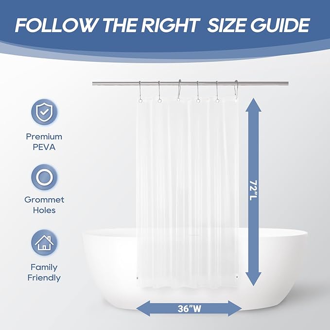 downluxe Clear Shower Curtain Liner with Magnets, PEVA Plastic Shower Liner, 36" W x 72" L Waterproof Lightweight Bathroom Curtain