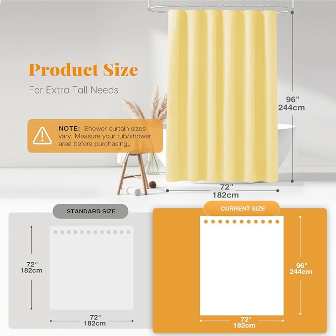 BTTN Fabric Shower Curtain, Linen Textured Heavy Duty Polyester Cloth Shower Curtain Set with Plastic Hooks, Yellow, 72" W x 96" L (Pack of 1)