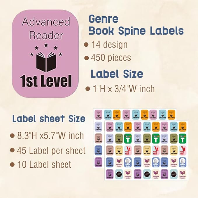 Genre Book Spine Labels for Library | Classroom Library Classification Stickers 450pcs | Advanced Reader Level