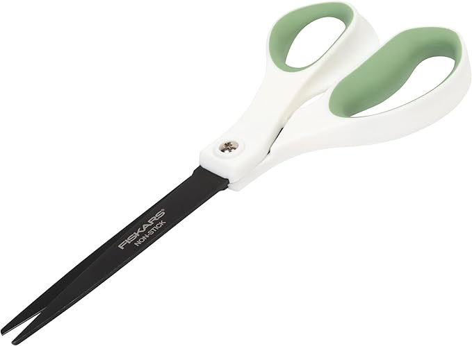 Fiskars Everyday Fashion Scissors, 8" Non-Stick Stainless Steel Blades, White and Green, Cuts Sticky Materials Like Tape and Glue