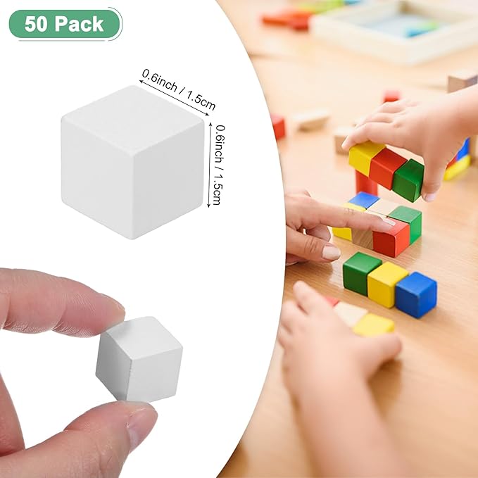 50-Pack DIY Wooden Cube, 0.6 Inch(1.5 Cm) Colored Natural Wood Blocks for Crafts Making Puzzle Games/Wedding/Home Decor/Dice/Building, Square Blank Block [White]