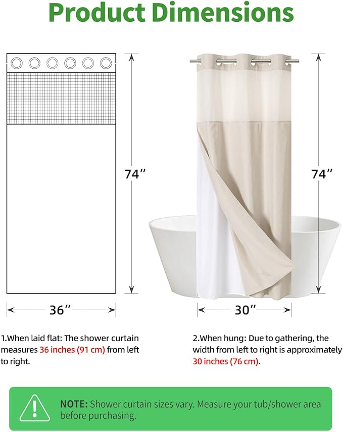 Stall No Hooks Needed Linen Textured Shower Curtain with Snap-in Fabric Liner Set,Hotel Luxury Decor Shower Curtains for Bathroom with Mesh Top Window,Waterproof & Washable,36Wx74H,Cream