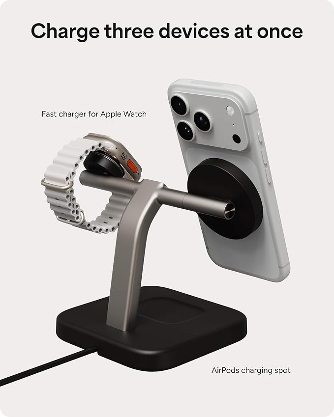 Mophie 3-in-1 Wireless Charging Stand - Qi2-Certified, MagSafe Charger for iPhone, Apple Watch & AirPods – Fast Charging Station with Adjustable Phone Stand & Cable Management – Up to 15W Power, Black