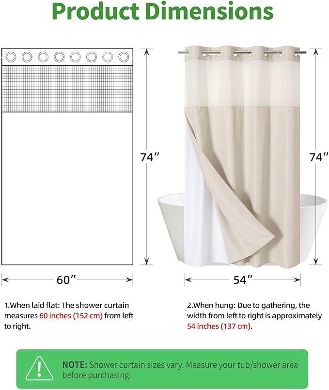 Stall No Hooks Needed Linen Textured Shower Curtain with Snap-in Fabric Liner Set,Hotel Luxury Decor Shower Curtains for Bathroom,Waterproof & Washable,60Wx74H,Cream