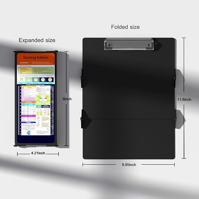 Nursing Clipboard Foldable Pocket Size-Nursing Edition Cheat Sheets Aluminum 3 Layers Foldable Clipboard Nursing Nurse Clipboard Foldable fits in Nurses Doctors(Black)