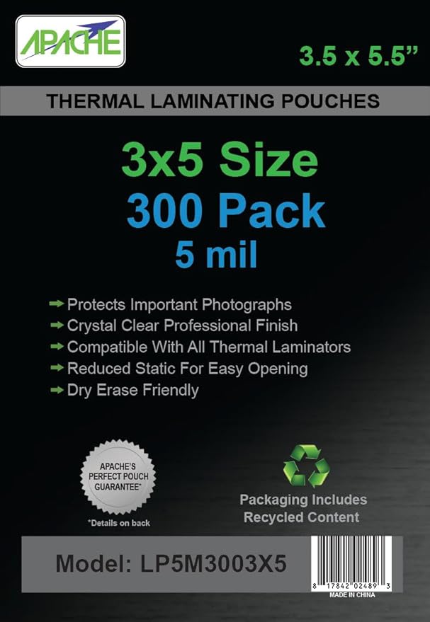 Apache 300 Pack Laminating Pouches 5 mil, Holds 3 x 5 Inch Photo Index Cards (3.5 x 5.5 Inch Sheets), Office and School Supplies, Thermal Laminating Sheets, Super Clear, Round Corner