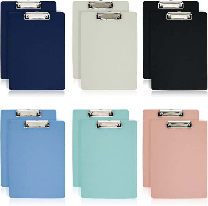 BOMEI PACK Office Plastic Clipboards, 12Pack Low Profile Assorted Colors Clip Boards Pack, 12.5 x 9 Inch A4 Letter Size