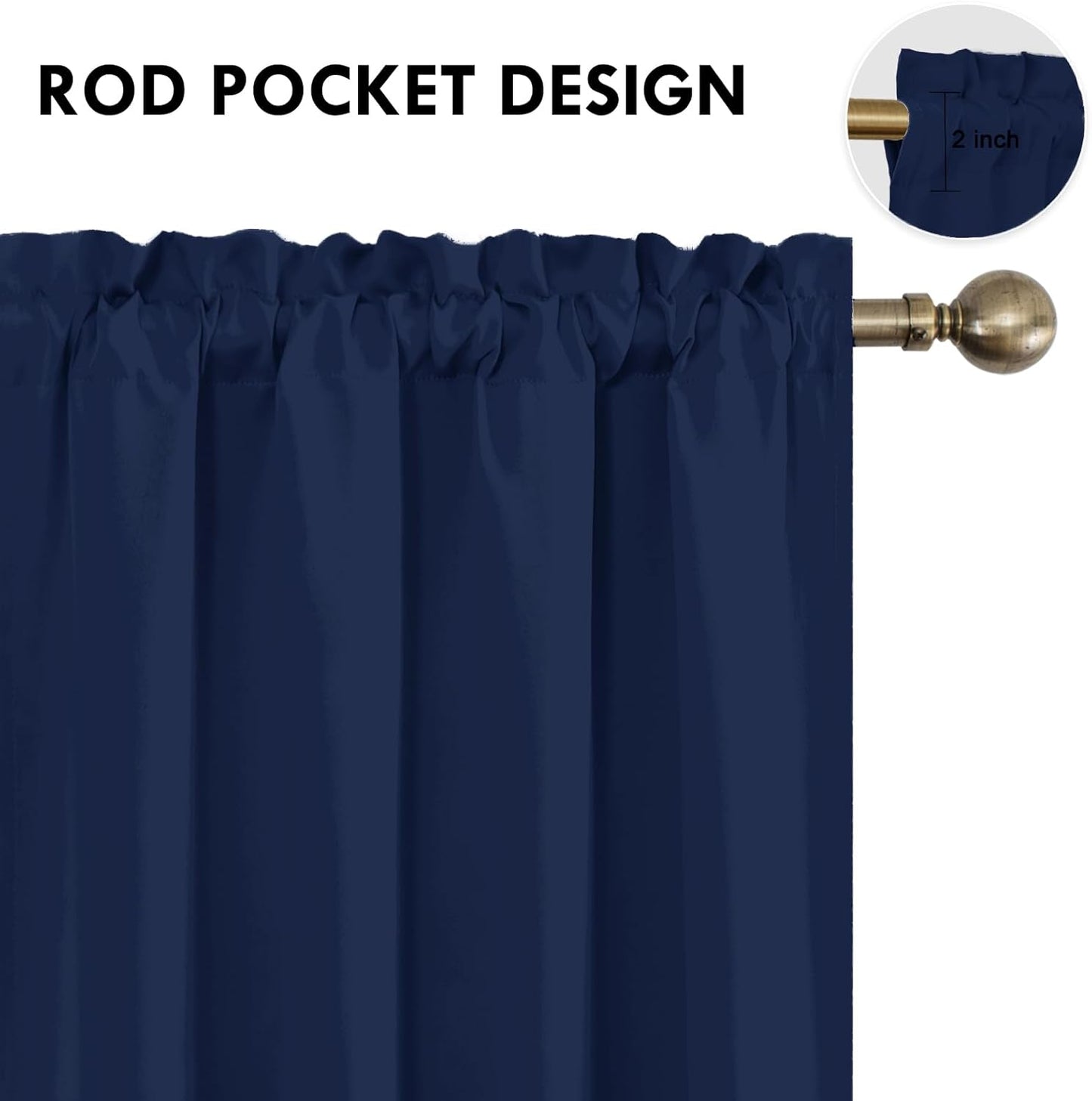 DWCN Navy Blue Blackout Curtains for Bedroom 63 Inches Long 2 Panels Set Window Drapes Thermal Insulated Room Darkening Rod Pocket Curtains for Kids Boys Room (W42 x L63 Inch, Navy Blue)