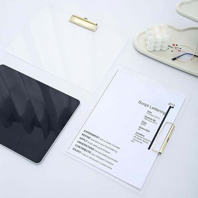 JIARI 4 Pack Clear Acrylic Office Clipboard A4 Letter Size 9.06" x 12.6" (Gold Horizontal 4 Pack)