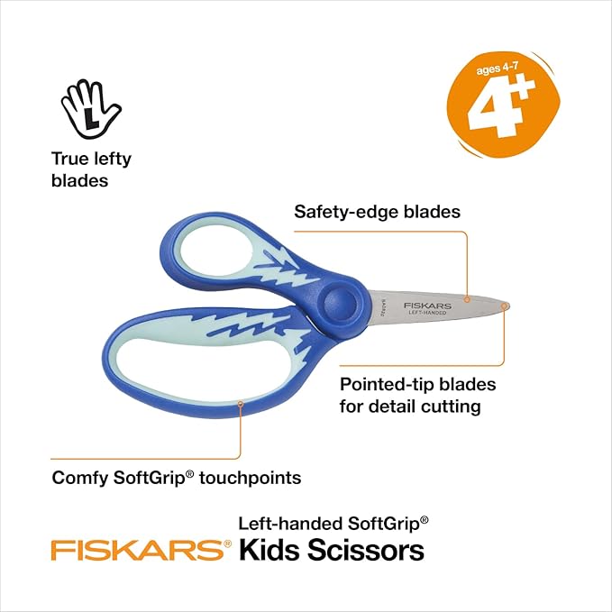 Fiskars 5" Softgrip Left-Handed Pointed-Tip Scissors for Kids Ages 4-7, Left-Handed Scissors for School or Crafting, Back to School Supplies, Blue Lightning