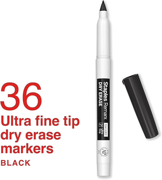 STAPLES Low Odor Dry Erase Markers, Ultra Fine Tip, Black, 36 Pack – Remarx Precision Whiteboard Markers for Offices & Classrooms