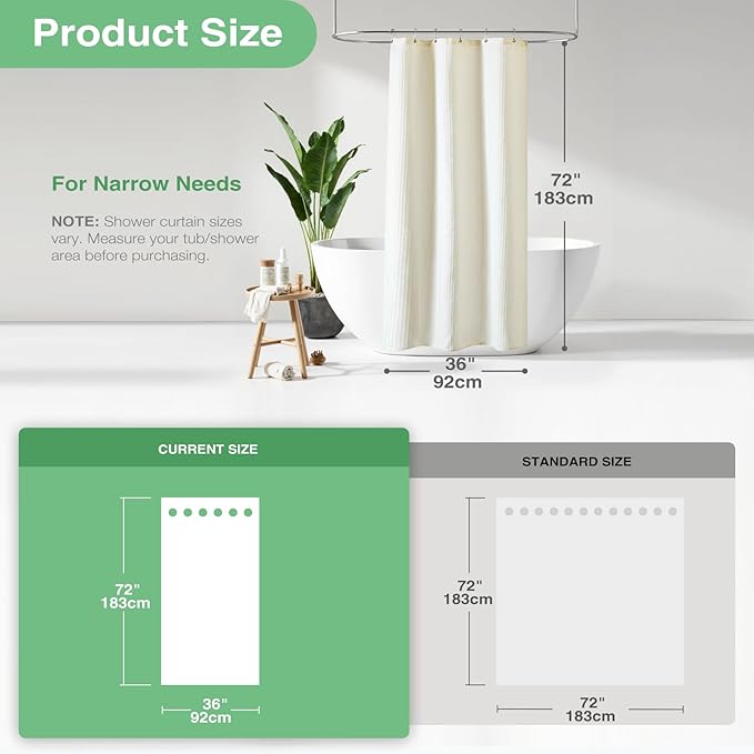 Dynamene Stall Ivory Fabric Shower Curtain - Waffle Textured Small Heavy Duty Cloth Shower Curtains for Bathroom, 256GSM Narrow Hotel Luxury Bath Curtain Set with 6 Plastic Hooks(36Wx72H,Cream/Ivory)
